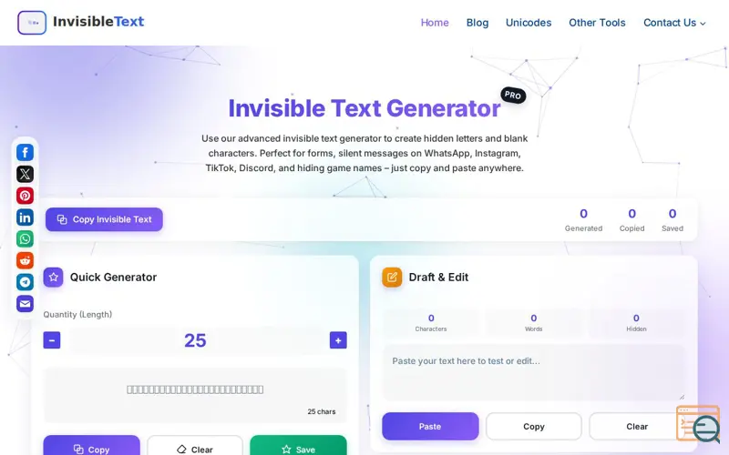 Screenshot of Invisible Text Generator, a launch using AddThis