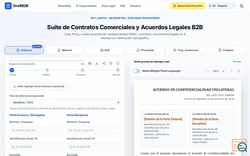 Screenshot of DraftB2B — Generador Gratuito de Contratos B2B y Acuerdos de Confidencialidad (NDA)