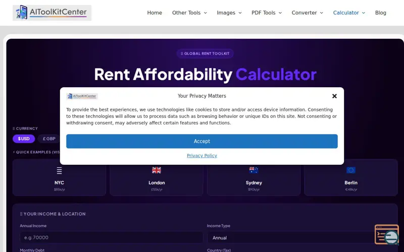 Screenshot of Global Rent Affordability Calculator