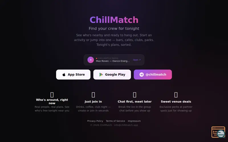 Screenshot of ChillMatch — Find company for tonight