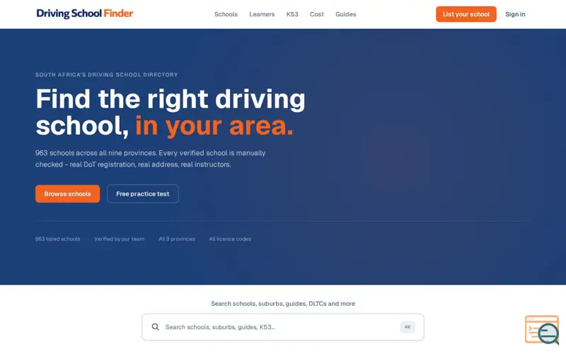Screenshot of Driving School Finder, a launch using TLD NS