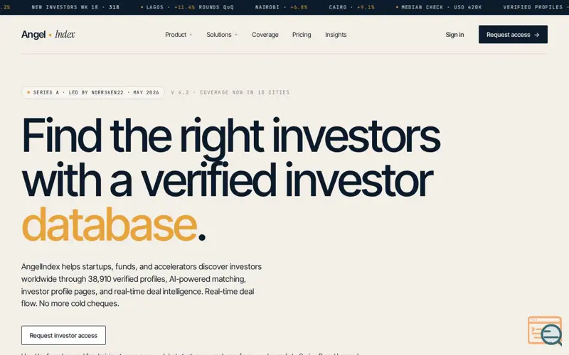 Screenshot of angelindex.io