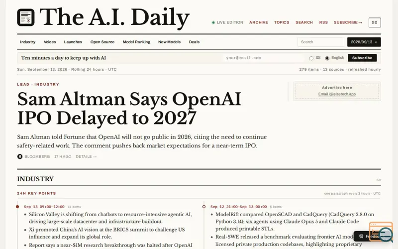 Screenshot of AI Daily, a launch using Mailbike