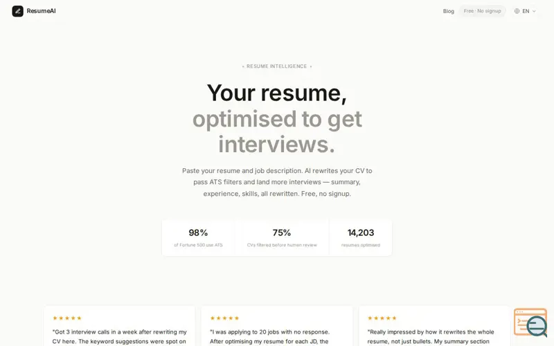 Screenshot of ResumeAI — mycvfix.com