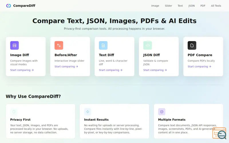 Screenshot of Compare Text, JSON, Images & PDFs Online