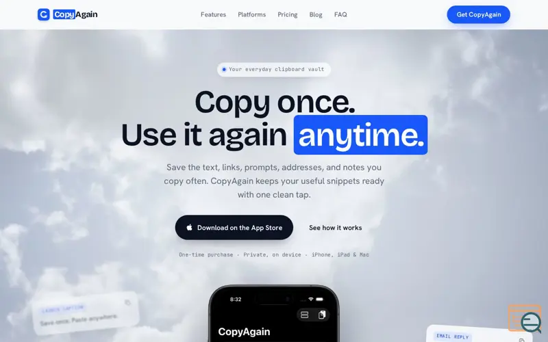 Screenshot of CopyAgain — Save once. Copy anytime.