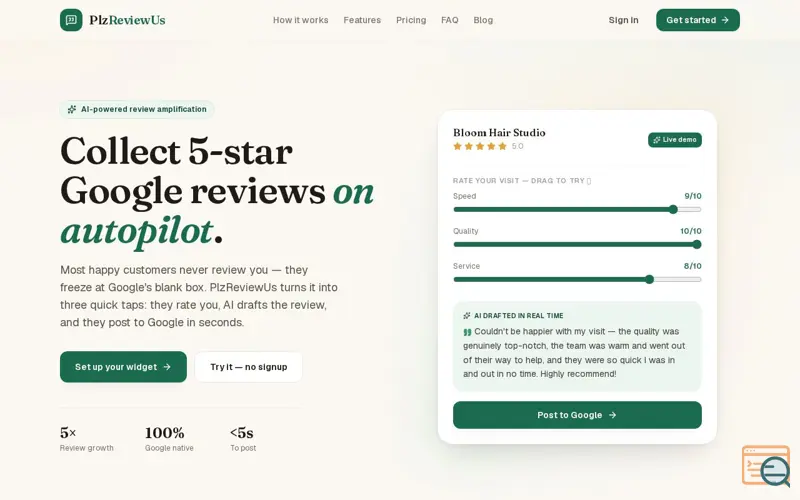 Screenshot of PlzReviewUs