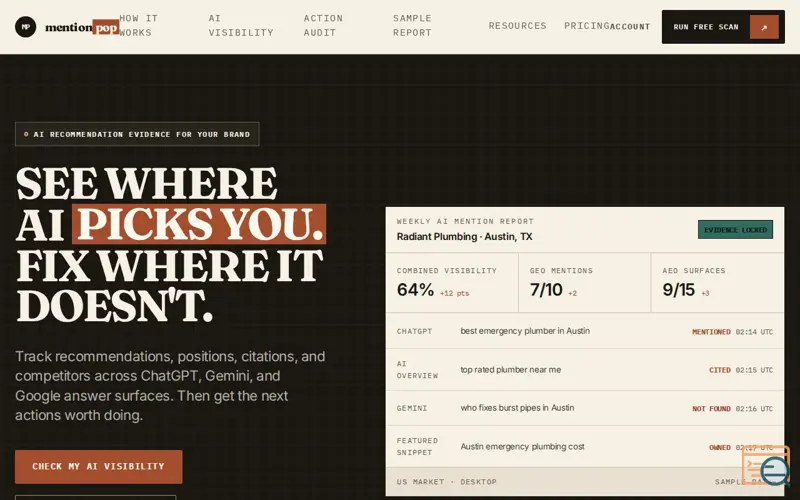 Screenshot of AI Visibility Tracker for ChatGPT, Gemini & Google AI | mentionpop