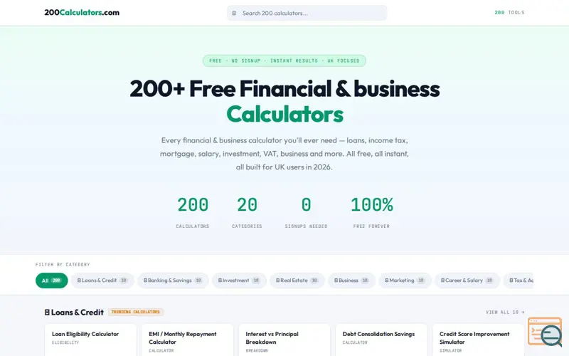 Screenshot of 200Calculators.com