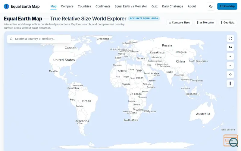 Screenshot of Equal Earth Map — Interactive World Map, a launch using FreeVisitorCounters