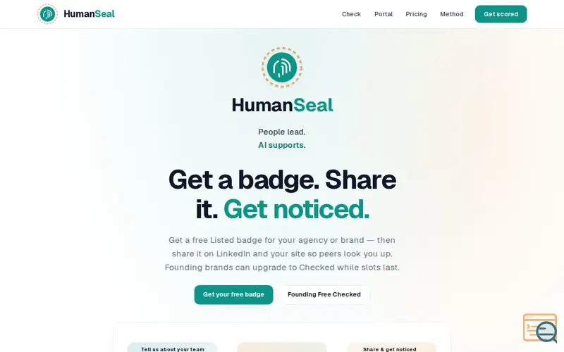 Screenshot of HumanSeal — Get a badge. Share it. Get noticed.