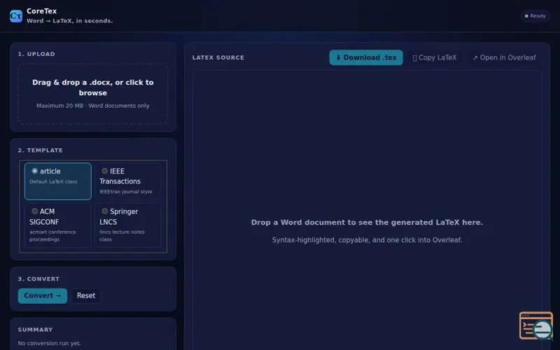 Screenshot of CoreTex · Word → LaTeX
