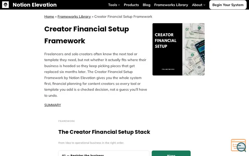 Screenshot of Creator Financial Setup Framework
