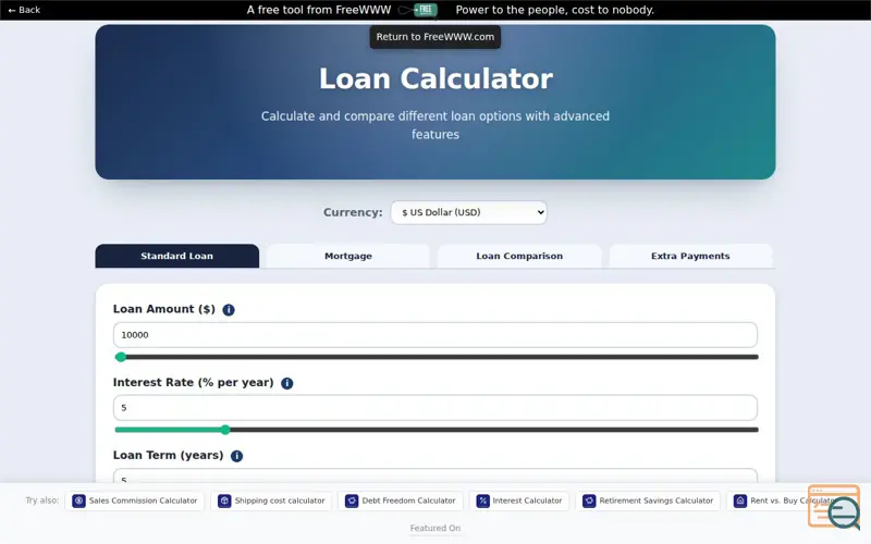 Screenshot of FreeWWW Interactive Loan Calculator