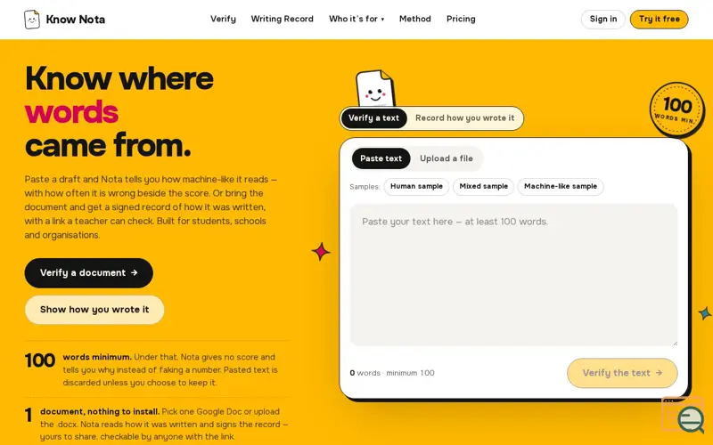 Screenshot of Nota — an honest AI-text detector, a launch using AffiliateBase