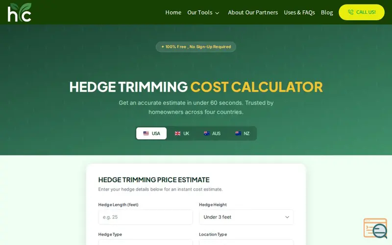 Screenshot of Hedge Trimming Cost Calculator