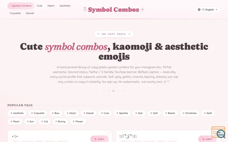 Screenshot of Symbol Combos Copy and Paste