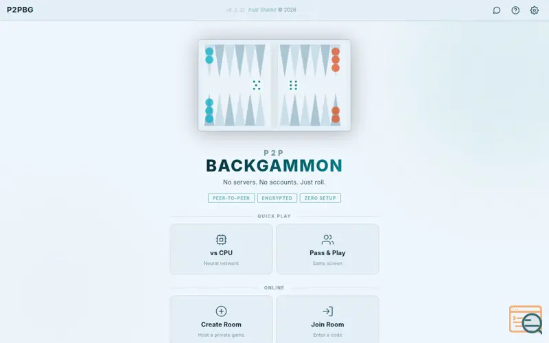 Screenshot of P2PBG — Peer-to-Peer Backgammon