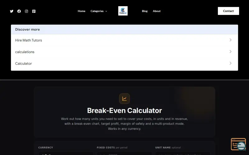 Screenshot of Calcxi: Break-Even Calculator, a launch using WPForms