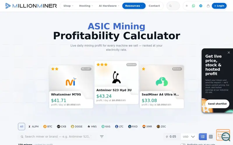 Screenshot of ASIC Mining Profitability Calculator