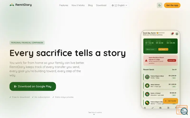 Screenshot of RemitDiary